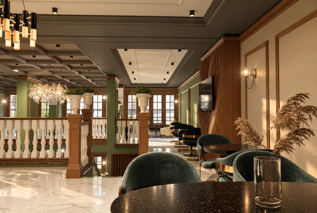 Mezzanine avec fauteuils verts — Restaurant La Durée, Kénitra — rendu 3D DECO3D.ma