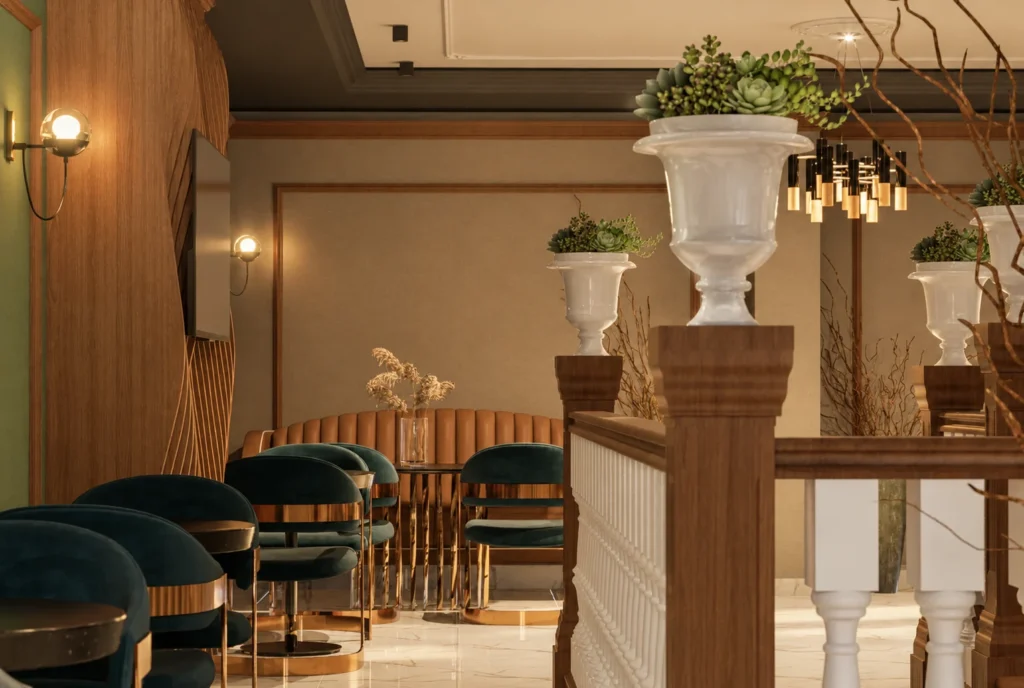 Mezzanine avec vases et banquettes — Restaurant La Durée, Kénitra — rendu 3D DECO3D.ma