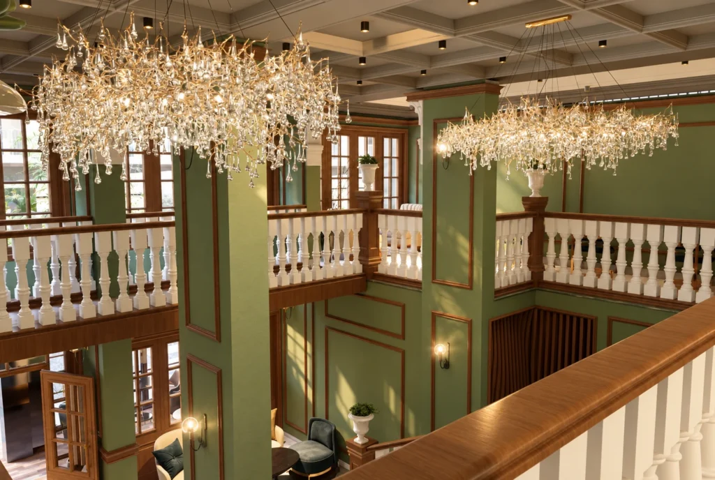 Vue plongeante depuis la mezzanine — Restaurant La Durée, Kénitra — rendu 3D DECO3D.ma