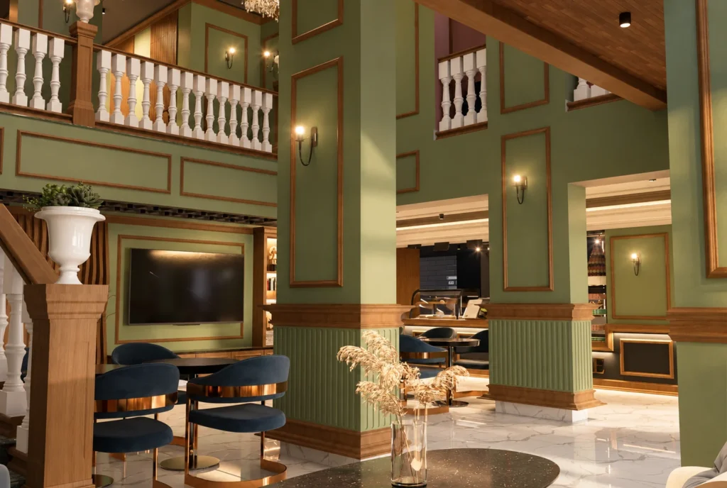 Salle en double hauteur — Restaurant La Durée, Kénitra — rendu 3D DECO3D.ma