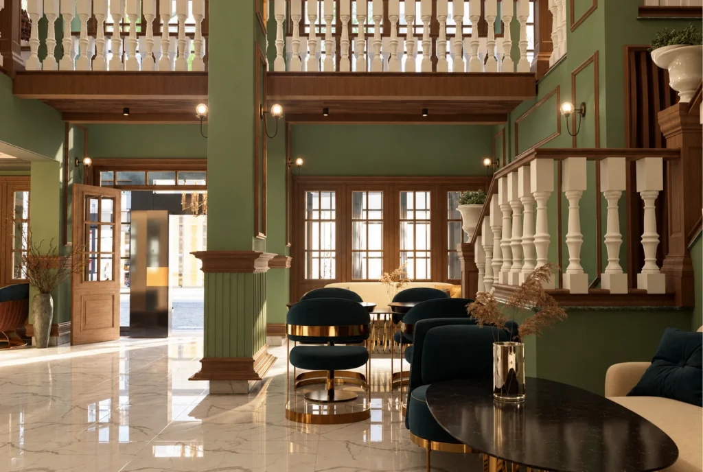 Salle de restaurant et mezzanine — Restaurant La Durée, Kénitra — rendu 3D DECO3D.ma