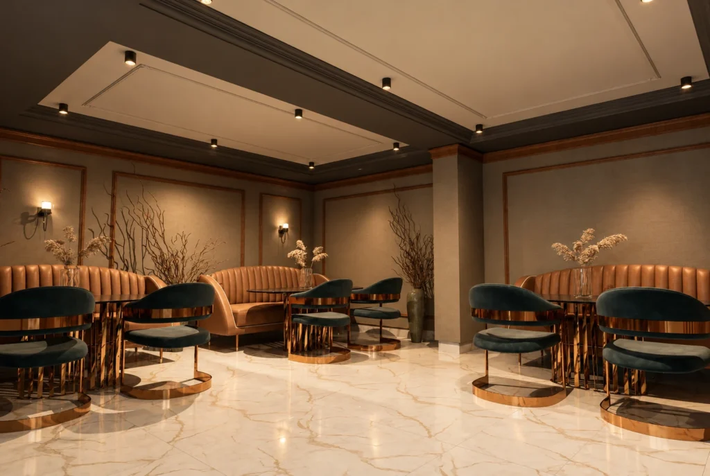 Salon avec banquettes en velours — Restaurant La Durée, Kénitra — rendu 3D DECO3D.ma
