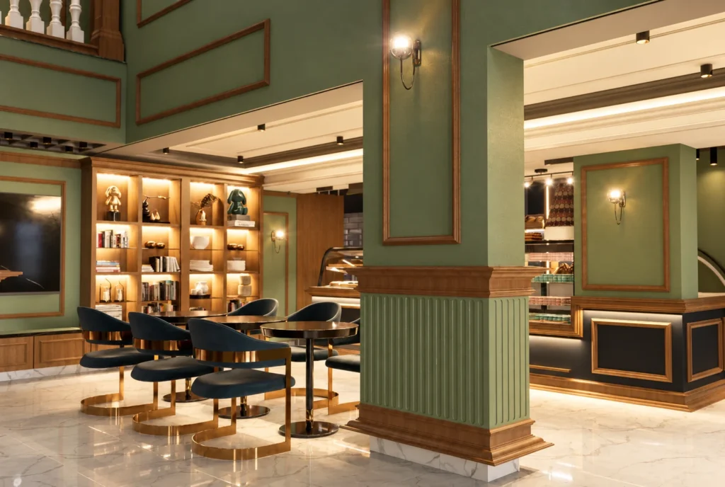 Salon avec colonne et bibliothèque — Restaurant La Durée, Kénitra — rendu 3D DECO3D.ma