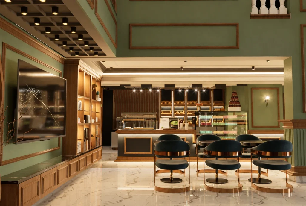 Salon et vitrines du comptoir — Restaurant La Durée, Kénitra — rendu 3D DECO3D.ma