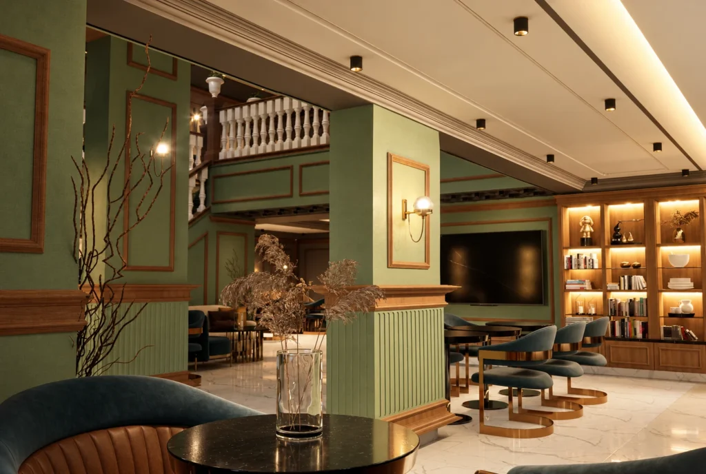 Salon aux moulures vertes — Restaurant La Durée, Kénitra — rendu 3D DECO3D.ma