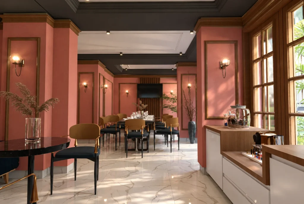 Salon rose et table de réception — Restaurant La Durée, Kénitra — rendu 3D DECO3D.ma