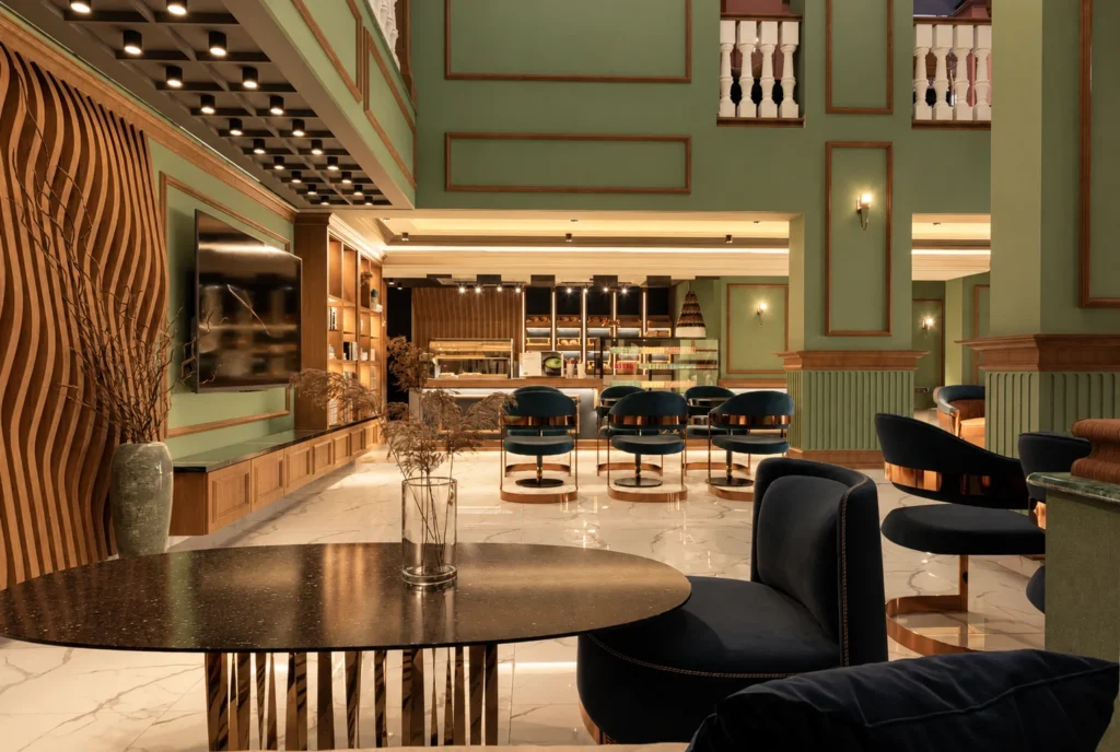 Salon avec vue sur le comptoir — Restaurant La Durée, Kénitra — rendu 3D DECO3D.ma
