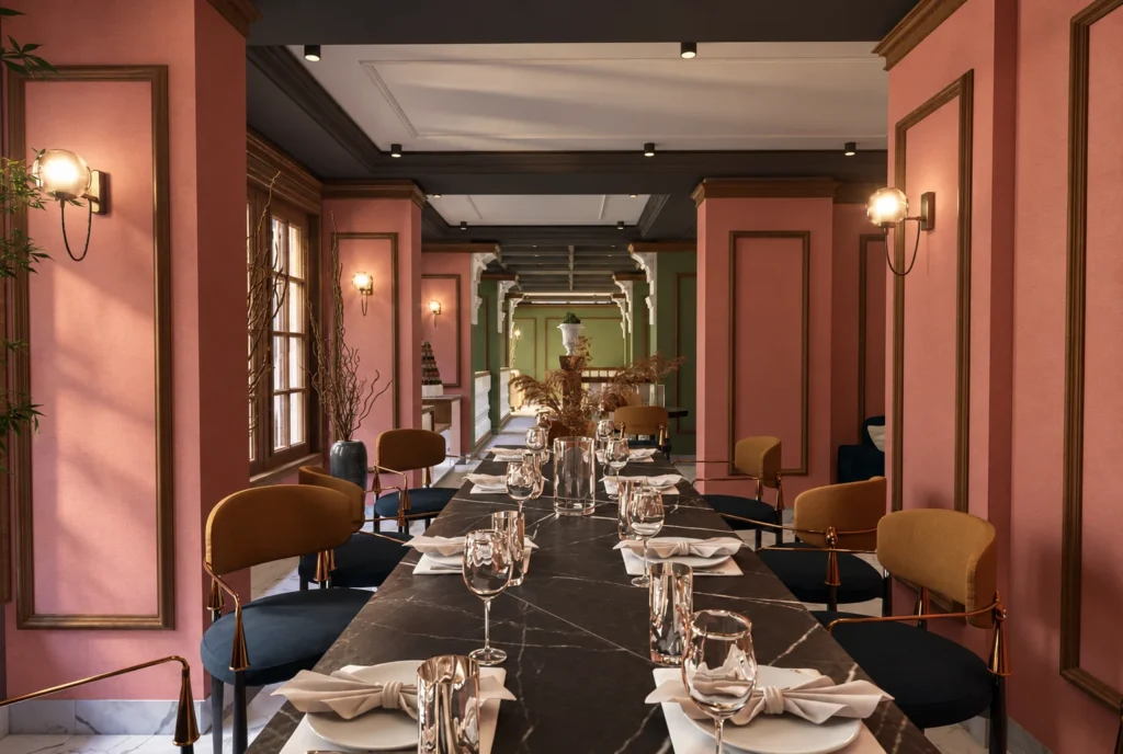 Perspective de la table de réception — Restaurant La Durée, Kénitra — rendu 3D DECO3D.ma