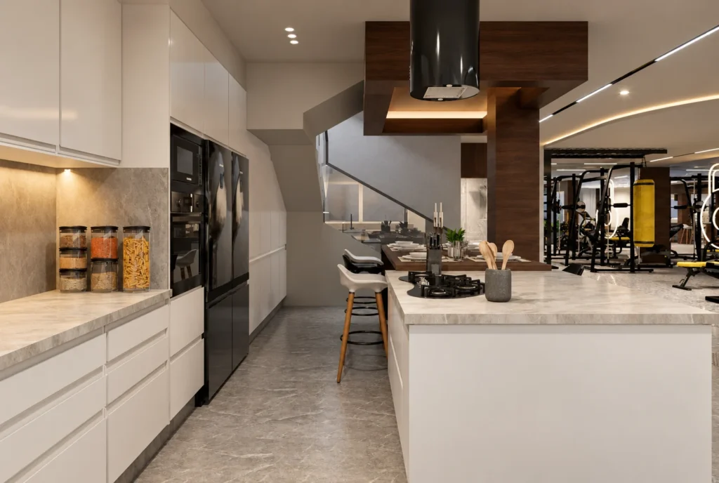 Cuisine et espace bien-être de la Villa F à Rabat — rendu 3D DECO3D.ma