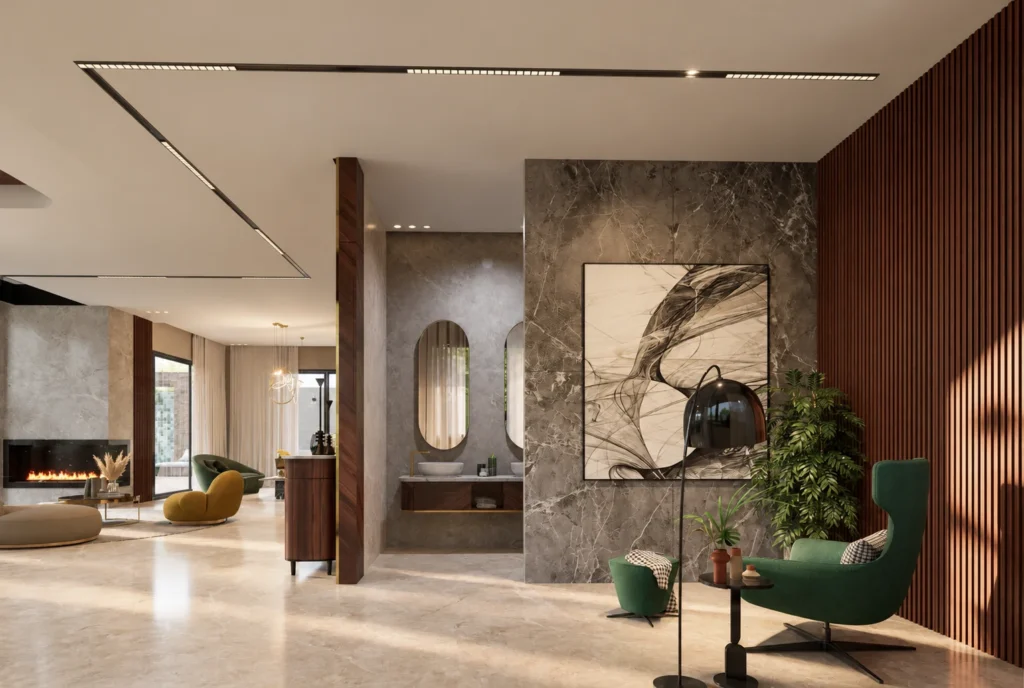 Entrée avec fauteuil et matières naturelles de la Villa F à Rabat — rendu 3D DECO3D.ma