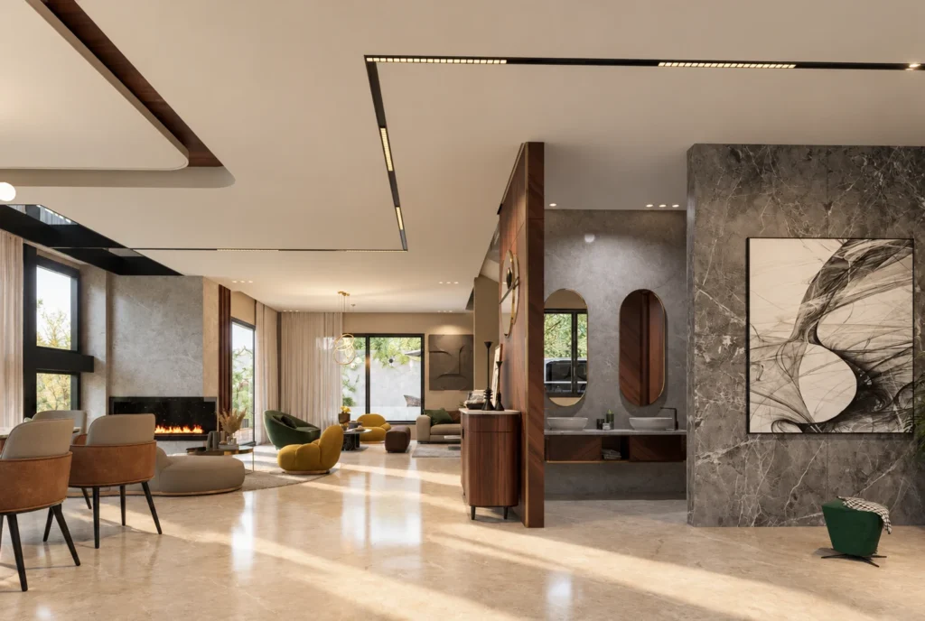 Entrée et salon aux finitions en marbre de la Villa F à Rabat — rendu 3D DECO3D.ma