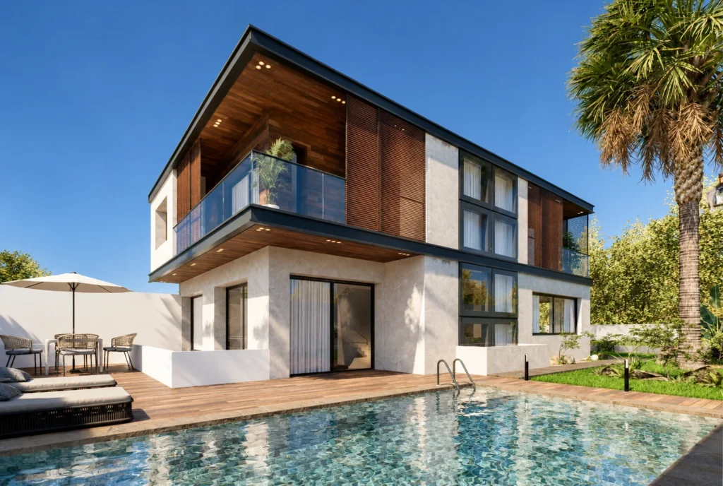 Piscine et terrasse extérieure de la Villa F à Rabat — rendu 3D DECO3D.ma
