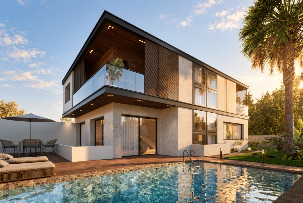 Façade contemporaine et piscine de la Villa F à Rabat — rendu 3D DECO3D.ma