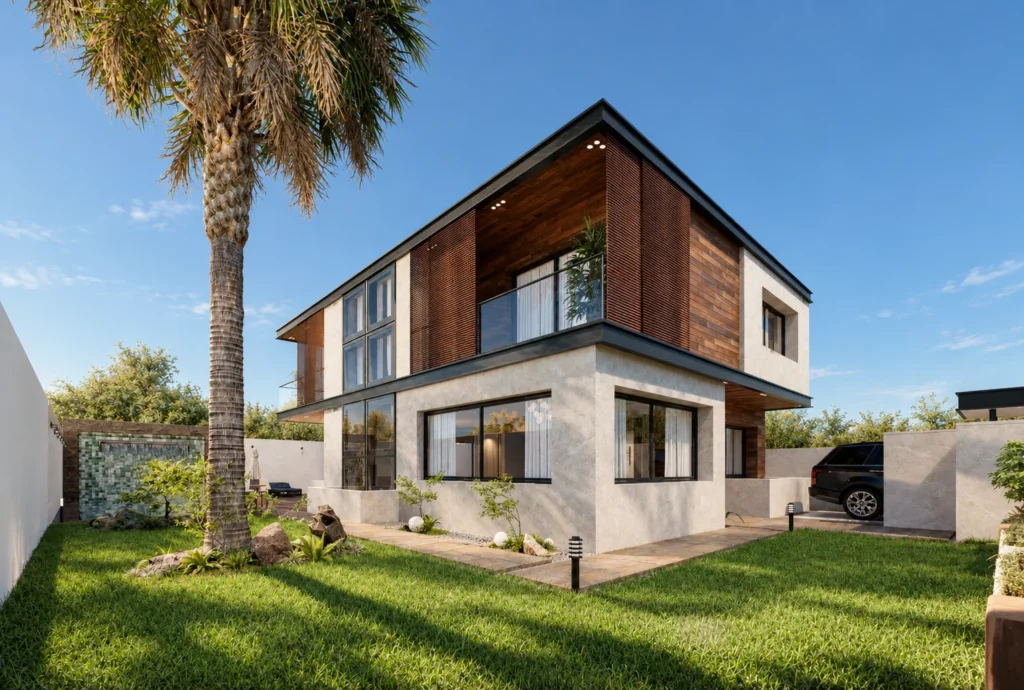 Façade ouverte sur le jardin de la Villa F à Rabat — rendu 3D DECO3D.ma