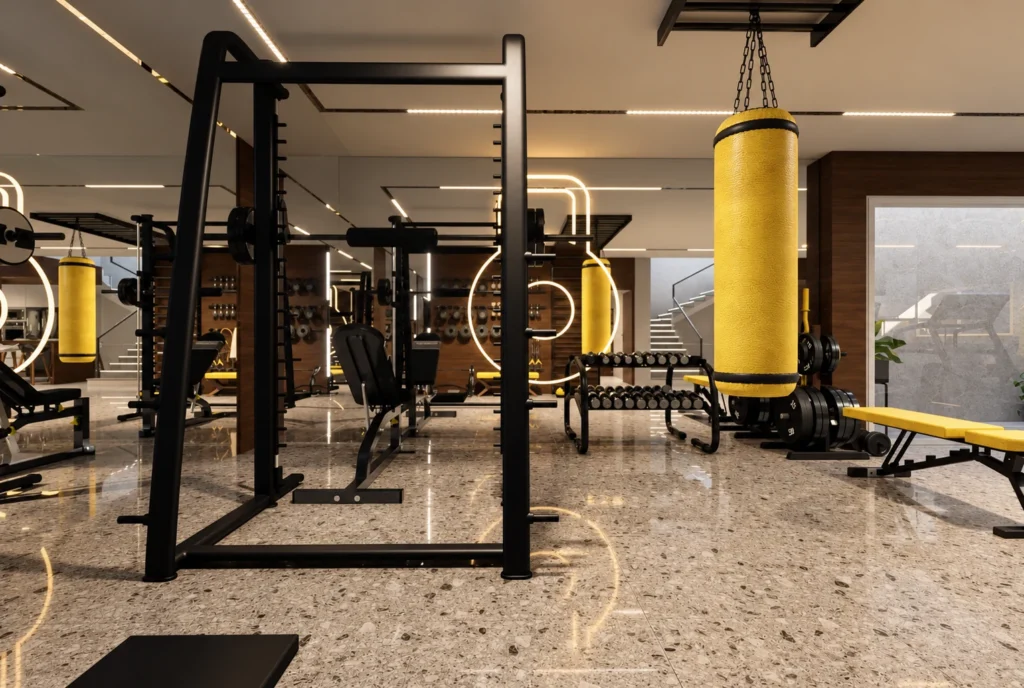 Espace musculation et sac de frappe de la Villa F à Rabat — rendu 3D DECO3D.ma