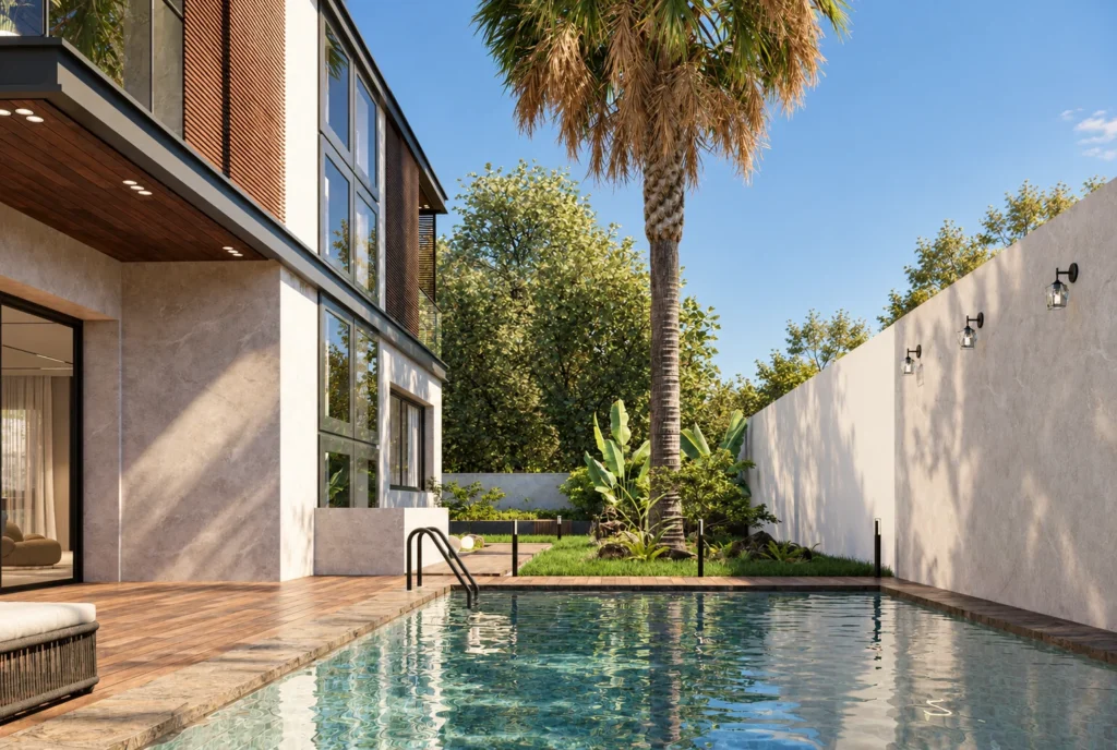 Piscine et végétation du jardin de la Villa F à Rabat — rendu 3D DECO3D.ma