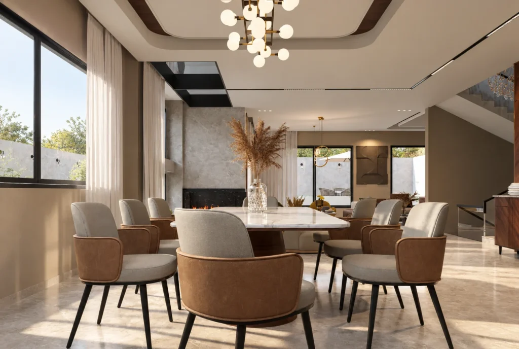 Salle à manger avec table en marbre de la Villa F à Rabat — rendu 3D DECO3D.ma