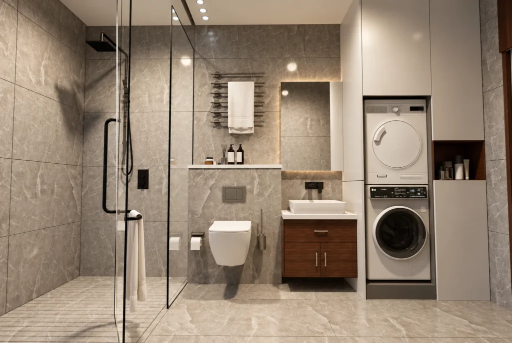 Salle de bain avec buanderie intégrée de la Villa F à Rabat — rendu 3D DECO3D.ma