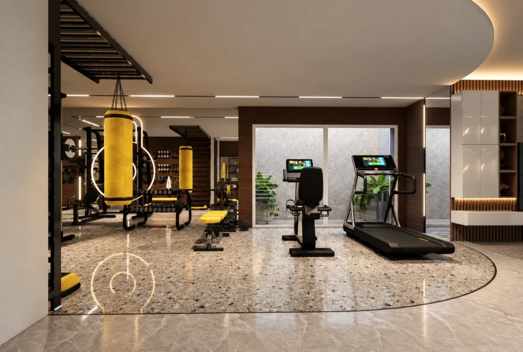 Salle de sport avec appareils de cardio de la Villa F à Rabat — rendu 3D DECO3D.ma