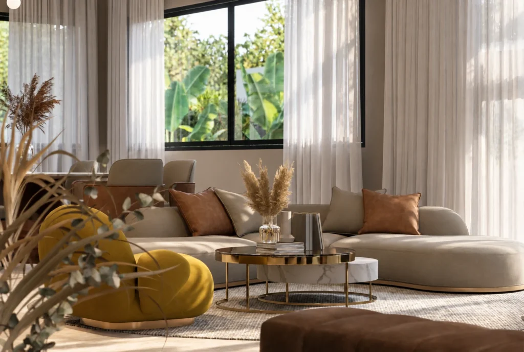 Salon avec canapé courbe de la Villa F à Rabat — rendu 3D DECO3D.ma