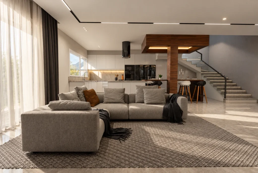 Salon ouvert sur la cuisine et l’escalier de la Villa F à Rabat — rendu 3D DECO3D.ma