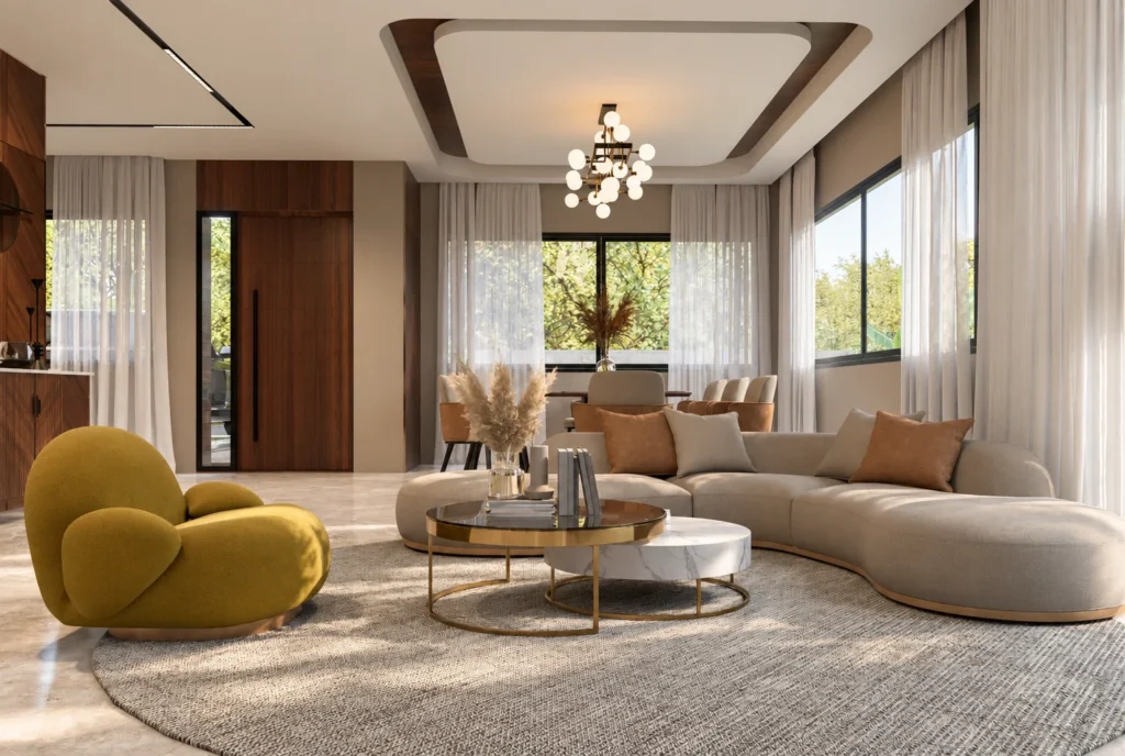 Fauteuil et espace salon de la Villa F à Rabat — rendu 3D DECO3D.ma