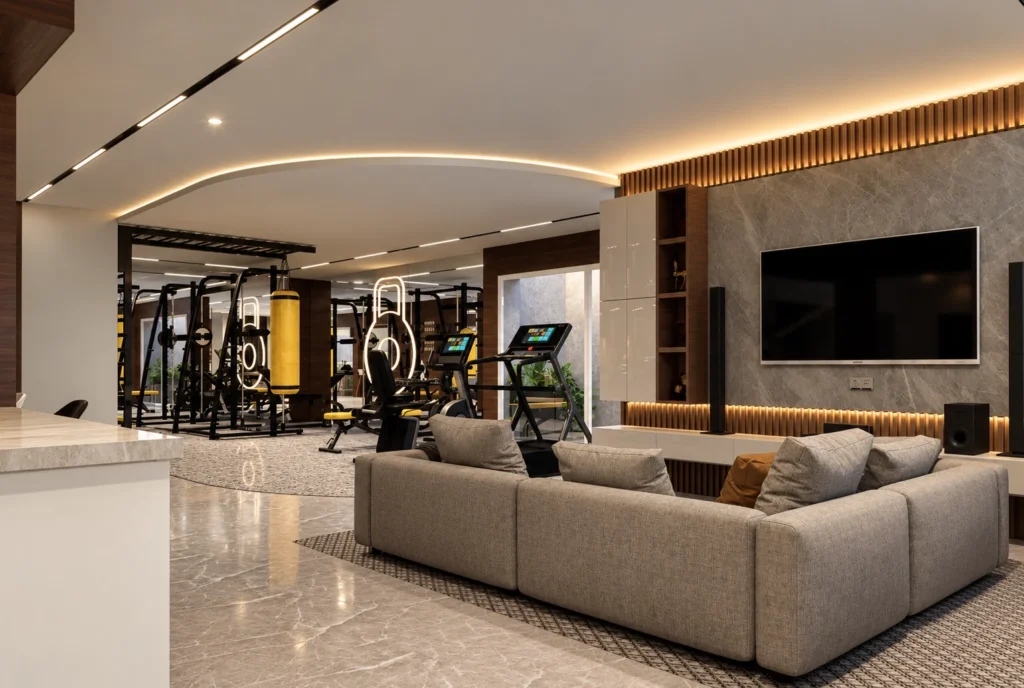 Salon multimédia et salle de sport de la Villa F à Rabat — rendu 3D DECO3D.ma