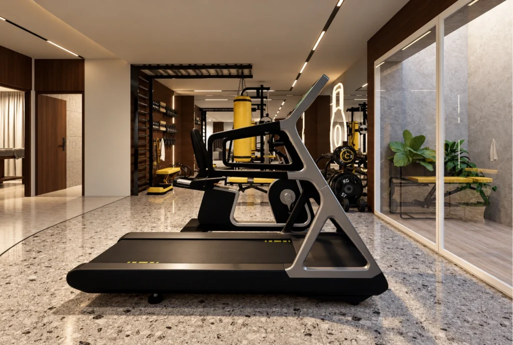 Tapis de course devant la verrière de la Villa F à Rabat — rendu 3D DECO3D.ma