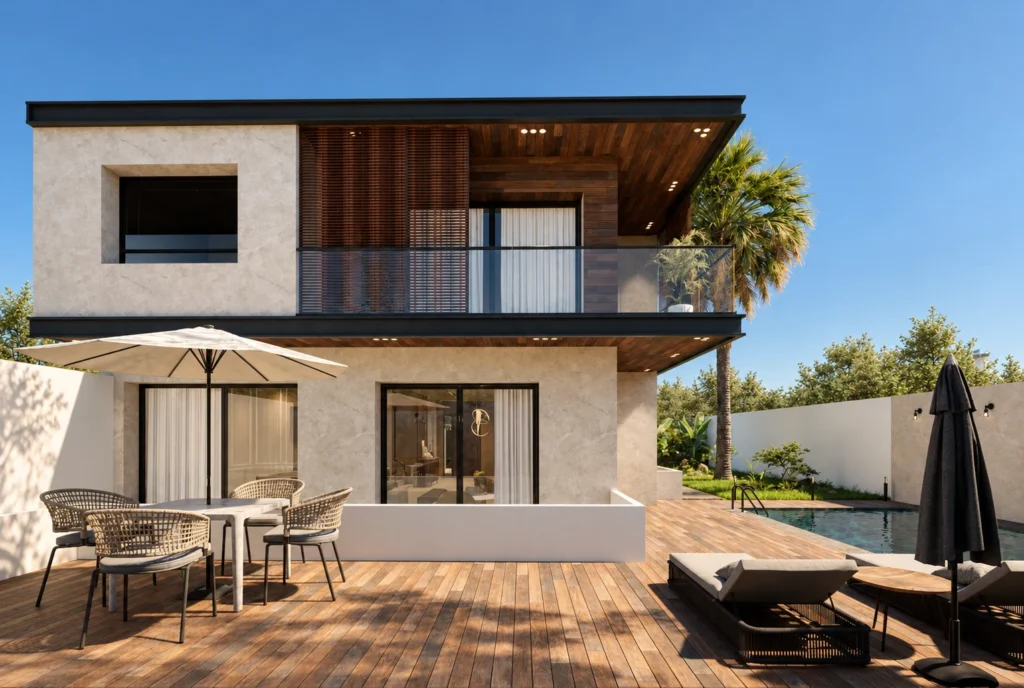 Terrasse et jardin paysager de la Villa F à Rabat — rendu 3D DECO3D.ma