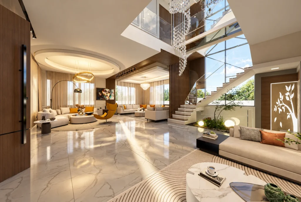 Hall et escalier en double hauteur — Villa H, Rabat — rendu 3D DECO3D.ma