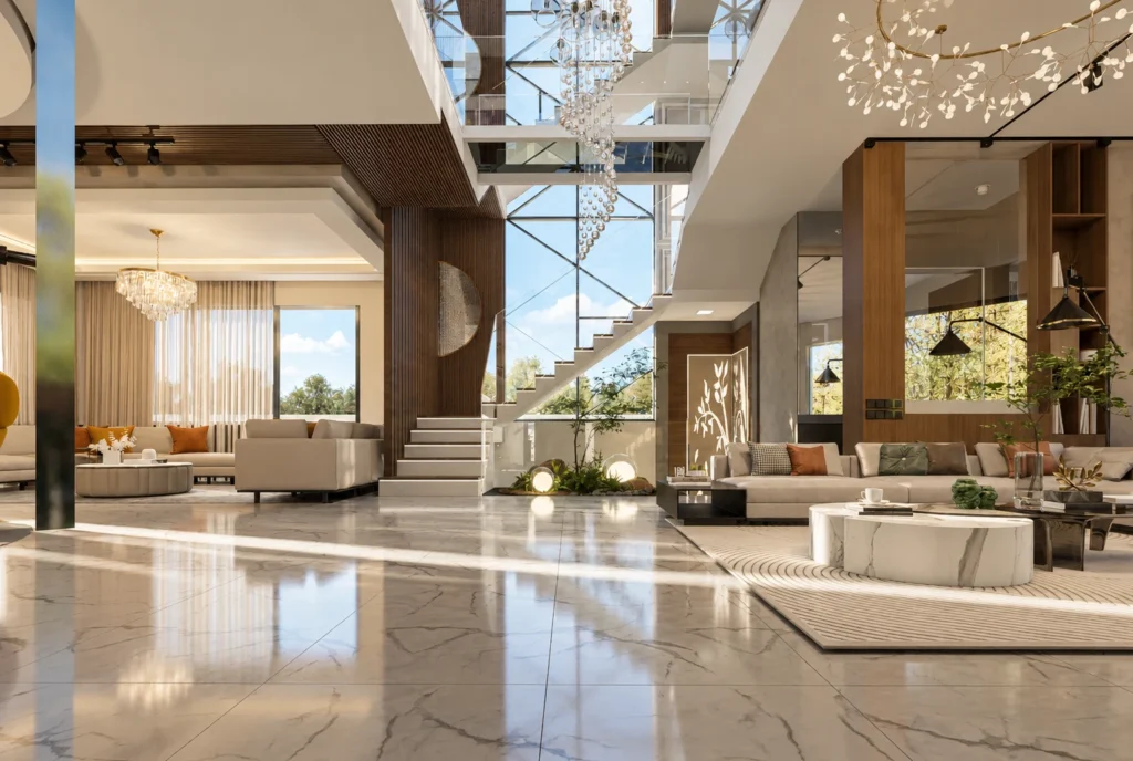 Hall avec salons et escalier — Villa H, Rabat — rendu 3D DECO3D.ma