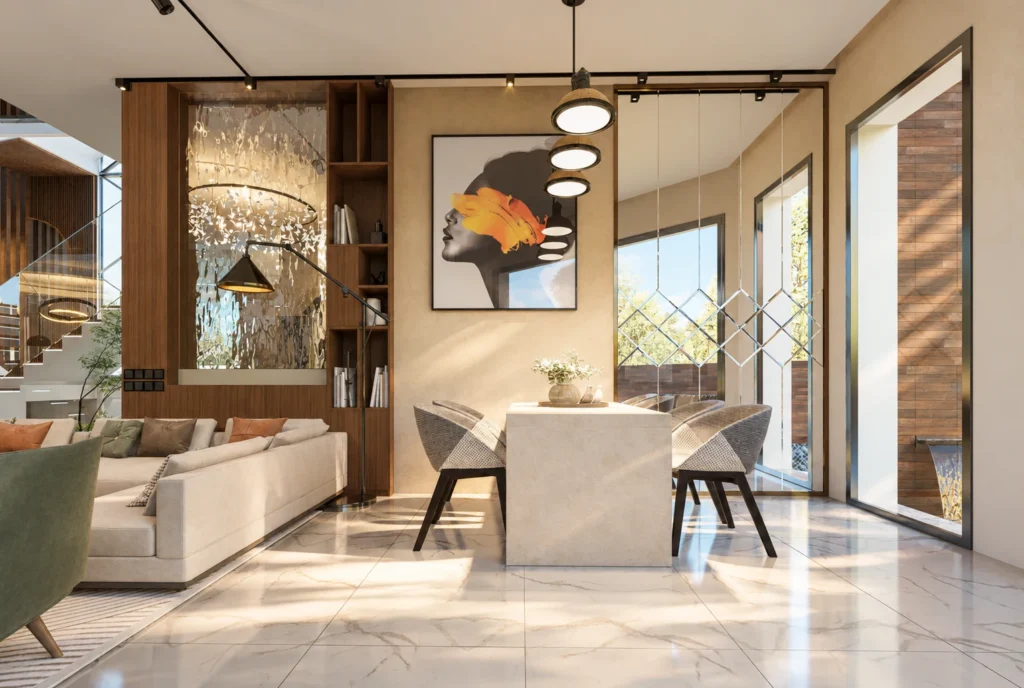 Salle à manger avec miroir — Villa H, Rabat — rendu 3D DECO3D.ma