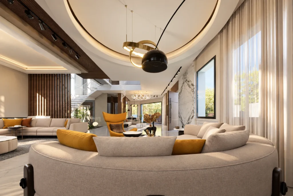 Salon avec canapé courbe — Villa H, Rabat — rendu 3D DECO3D.ma