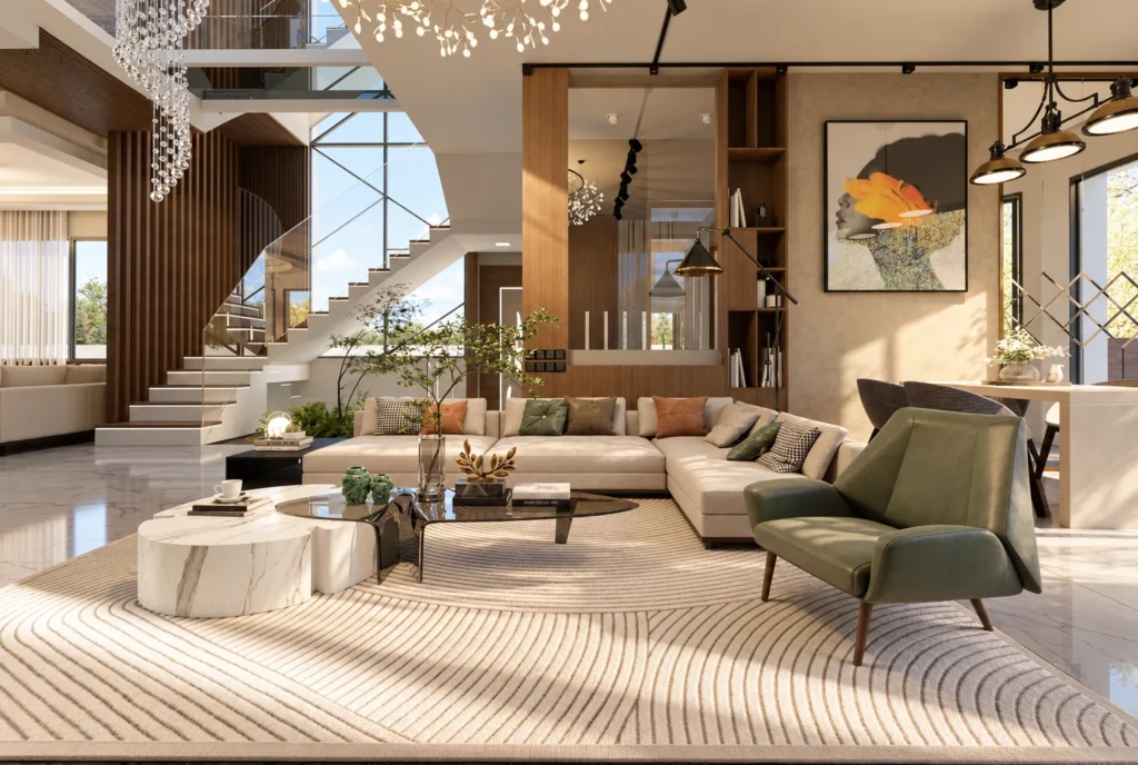 Salon et escalier avec fauteuil vert — Villa H, Rabat — rendu 3D DECO3D.ma
