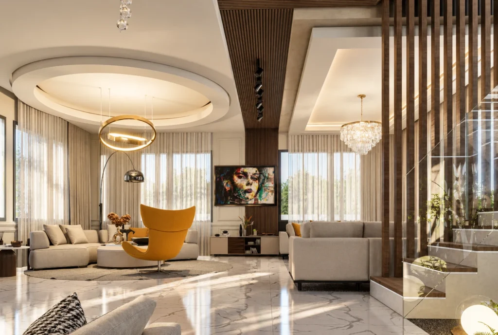 Salon avec fauteuil jaune — Villa H, Rabat — rendu 3D DECO3D.ma