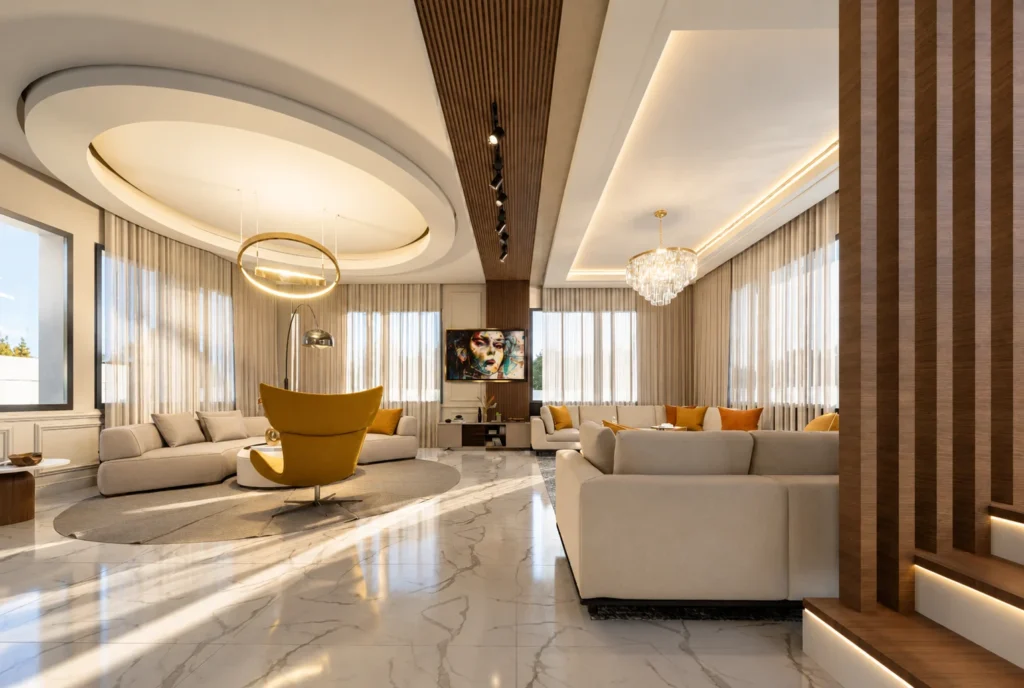 Salon avec suspension circulaire — Villa H, Rabat — rendu 3D DECO3D.ma
