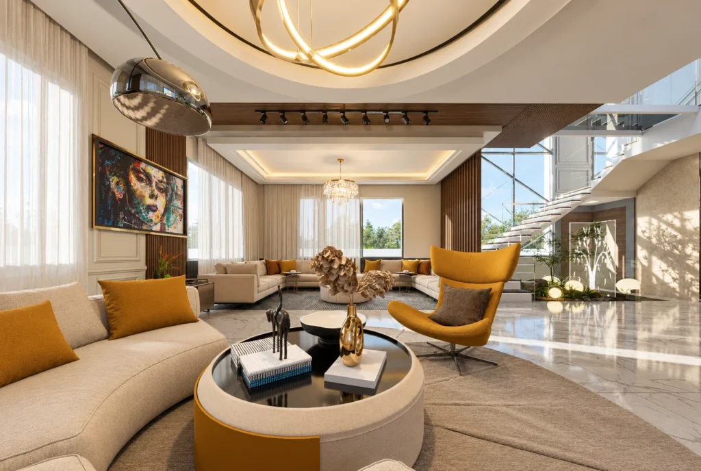 Salon avec table basse ronde — Villa H, Rabat — rendu 3D DECO3D.ma