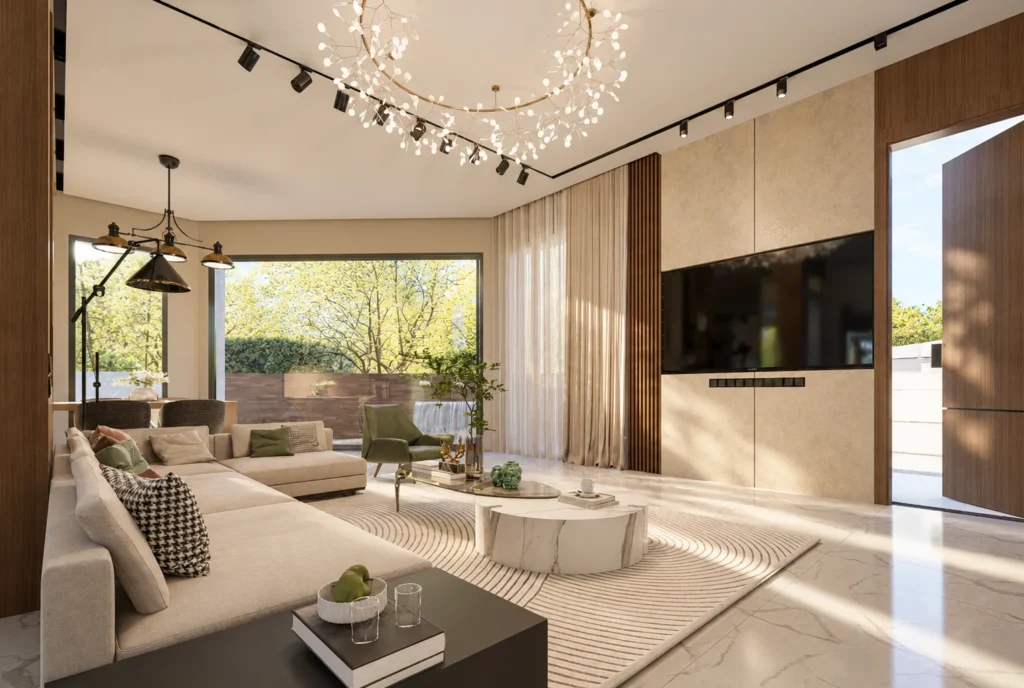 Salon télévision et baie vitrée — Villa H, Rabat — rendu 3D DECO3D.ma
