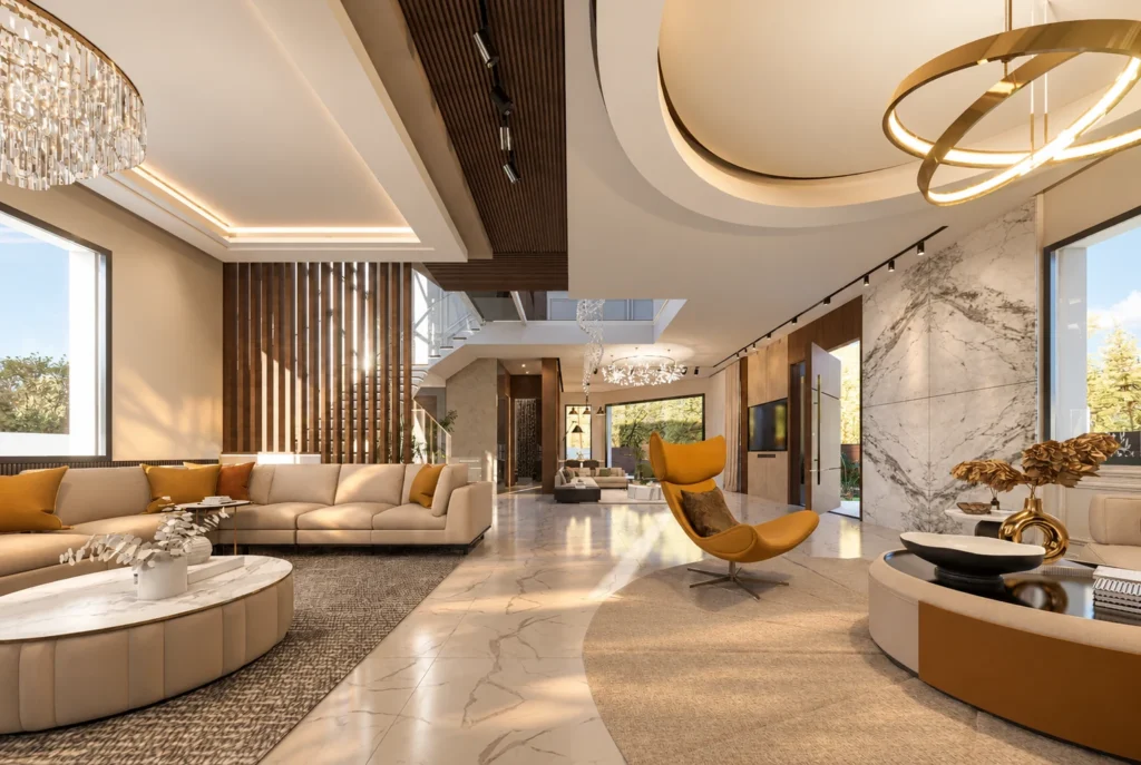 Perspective traversante des salons — Villa H, Rabat — rendu 3D DECO3D.ma